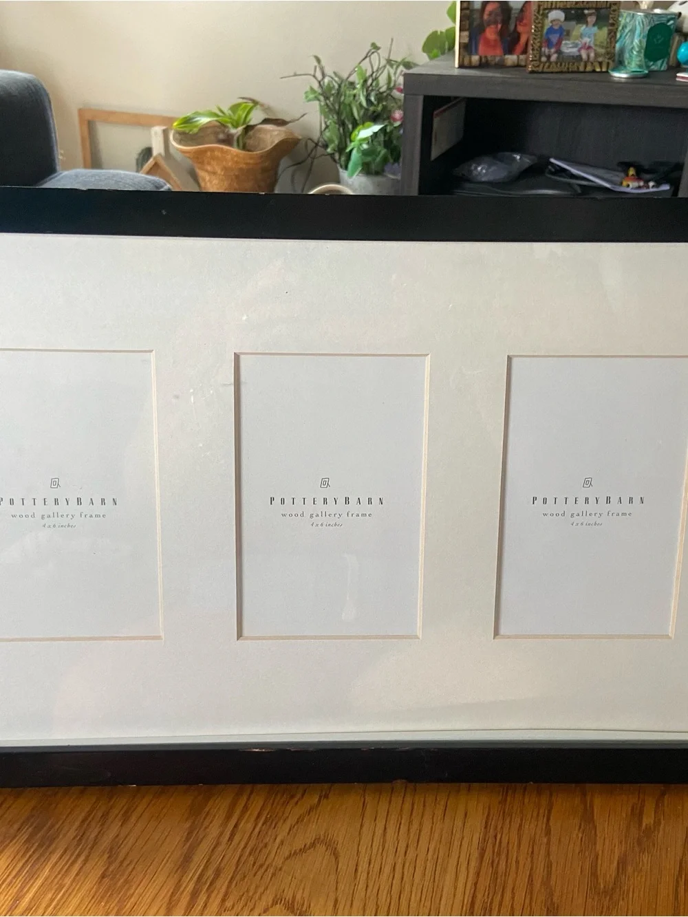 Pottery Barn 3 slot Photo Black Wood Gallery Frame with White Mat